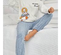 TEMU Conjunto de Pijama para Mujer con Forro Polar , Cuello Holgado y Diseño Bordado de Lindo, Larga y Pantalones - 2 Piezas Cómodas, Suaves y Calientes para Otoño e Invierno