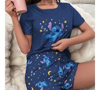 TEMU Conjunto de pijama para mujer de Disney Stitch, ropa para el hogar con pantalones cortos de cuello de dibujos animados de Disney.