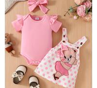 TEMU Conjunto de que una enteriza de manga corta, un vestido con tirantes y estampado de dibujos animados, y un pañuelo para la cabeza, ideal para actividades al aire libre.