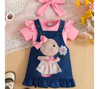 TEMU Conjunto de que una enteriza de manga corta, un vestido con tirantes y estampado de dibujos animados, y un pañuelo para la cabeza, ideal para actividades al aire libre.