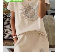 TEMU Conjunto de ropa de descanso para mujer con estampado casual de manga corta y cuello con bolsillos, estilo mandala con diseño de sol y luna y la etiqueta 'Live by The Sun, Love '