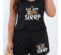 TEMU Conjunto de ropa de dormir de moda y cómoda para mujer de talla grande, con un diseño una estampación de oso en una camiseta de cuello y pantalones cortos, para uso en casa.