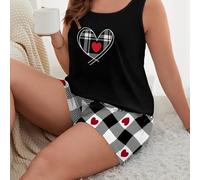 TEMU Conjunto de ropa de estar en casa para mujer de talla grande, moderno y , que una camiseta sin con un lindo estampado de corazones y pantalones cortos , para estar en casa y dormir.