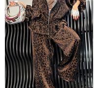 TEMU conjunto de ropa de mujer para otoño e invierno que una blusa con estampado de leopardo con cordón y cremallera en la cintura, con pantalones holgados que tienen una cintura elástica y bolsillos.