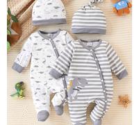 TEMU Conjunto de ropa para bebé de 4 piezas para niños y niñas - un lindo conjunto de body con estampado de dinosaurio y rayas, para todas y adecuado para niños pequeños, ideal para usar al