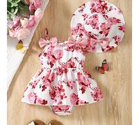 TEMU Conjunto de Ropa para Bebé Niña: Body Sin con Estampado Floral, y Volantes + Gorro, 2 Piezas, Ideal para Exteriores