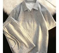 TEMU Conjunto de ropa para hombre: camisa con cuello y cremallera media y de manga corta y shorts con cordón, set de 2 piezas para exteriores