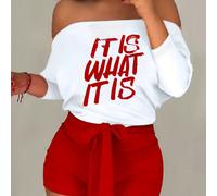 TEMU Conjunto de Ropa para Mujeres y Americanas 8016i20 Nueva Colección Casual con Hombros Libres Pantalones Cortos para y Verano 2025, Conjunto de Dos Piezas con Cinturón