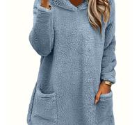 TEMU Conjunto de Sudadera con Capucha de Felpa Abrigado para Mujer - Holgado de Largo Medio Cara con Bolsillos, Ropa Exterior Casual de Color Sólido para Frío (Lavable a Máquina)