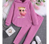 TEMU Conjunto de Sudadera con Capucha y Pantalones Acanalados para Niñas, Estilo Casual "Italian Brainrot" con Estampado de Taza de Café, Versátil y Moderno para /Otoño/Invierno, Ideal para Exteriores