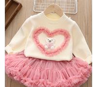 TEMU Conjunto de suéter con de corazones para niñas, otoño e invierno 2024, con falda esponjosa, un conjunto de dos piezas que una blusa de punto y una falda corta