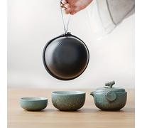TEMU Conjunto de té de cerámica portátil de estilo japonés WEN ZHE con estuche de transporte, tetera artesanal novedosa y juego de 2 tazas para hacer té sobre la marcha