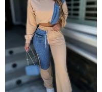 TEMU Conjunto de top casual de larga con cuello y bloque de color para mujer, con cintura con cordón y pantalones , tejido de punto 95% poliéster 5% elastano, conjunto de moda para todas .