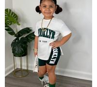 TEMU Conjunto de Top de Punto de Manga Corta y Pantalones Cortos con Estampado de para Niñas, Cuello , Estilo Deportivo , Medida del Pecho en el Panel Frontal, Ideal para /Verano