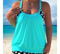 TEMU Conjunto de traje de baño casual de talla grande, parte de cami con cuello y recorte de impresión de en bloque de color para mujer y pantalones cortos, traje de baño de dos piezas