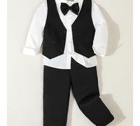 TEMU Conjunto de traje formal para niños de 3 piezas, camisa de larga con corbata + chaleco + pantalones de cintura elástica, adecuado para y fiestas de , ropa para /otoño para niños.
