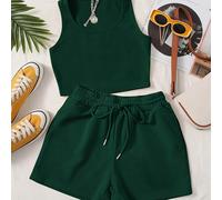 TEMU Conjunto de Verde para Mujer y Shorts con Cuerda - Casual, Color Sólido, de Poliéster, Uso de Toda la Estación, Ropa Casual|Estilo Minimalista| de Poliéster