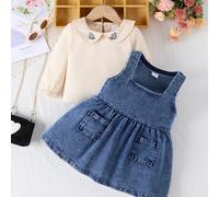 TEMU conjunto de vestido de mezclilla de dos piezas para bebés niñas, que un top floral bordado y un vestido de mezclilla, para y otoño, para exteriores.