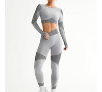 TEMU Conjunto de Yoga Sin Costuras | Top de Yoga y Pantalones Largos Deportivos con Geométrico y Detalles de Tirantes , Tejido de Elastano de Elasticidad Media