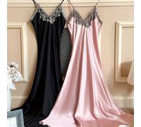 TEMU Conjunto elegante de ropa de dormir de dos piezas con un panel largo de encaje y cuello en V para mujer.