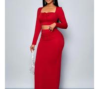 TEMU Conjunto elegante y de 2 piezas para mujer: Vestido largo maxi de cuello cuadrado, larga y con nudo frontal para desplazamientos, fiestas, citas, cócteles, baile y festivales de