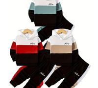 TEMU Conjunto moderno de sudadera con capucha para niño con estampado de la letra 'Kiug', disponible en combinaciones , verde 'Bean' y caqui, para actividades al aire libre.