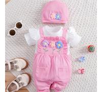 TEMU Conjunto para Bebé Niña Estilo Pastoral con Body Manga Corta y Gorro, Diseño 3D Floral Dos Piezas - Ideal