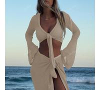 TEMU Conjunto para Mujer: Top Corto con Lazada y Falda Mini, Traje Vacacional , Óptimo Outfit Playero Femenino Transpirable e Ideal Confección