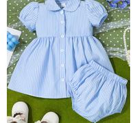 TEMU Conjunto para niña pequeña - Vestido azul y con rayas, fruncidas, cuello con botones y pantalones cortos que se , para el , ropa de niña pequeña, ropa para bebés, ropa de tejido , para exteriores