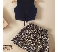 TEMU Conjunto para niñas de dos piezas, que una camiseta sin corta con en la espalda y una falda con estampado de leopardo, elegante y original, para salidas a y uso casual