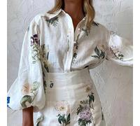 TEMU Conjunto Vintage Floral Estilo Francés 2026: Camisa de Abullonada Estampada + Shorts de Cintura - Conjunto Elegante y Versátil para Vacaciones o Uso Diario, 2 Piezas