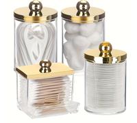 TEMU Contenedor de baño para bolas de algodón y hisopos, 10/7Oz, con frasco de boticario dispensador y tapas doradas para almacenamiento organizado, botes