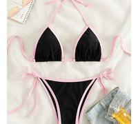 TEMU Contrast Trim Tie Side 2 Piece Bikini Swimsuit, Triangle Halter Tie Back Neck Stretchy Beachwear, Cute & Sexy, Women's Swimwear & Clothing