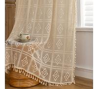 TEMU Cortina Bohemia Jacquard Transparente con Borlas de Cuadros Vintage - Diseño con Bolsillo para Barra para , Dormitorio y Decoración del Hogar