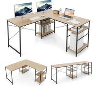 TEMU COSTWAY Escritorio de Ordenador de L, 3 Orificios para Cables, Estante Extra, 2 Formas, Mesa de Trabajo de 2 ，Mesa Escritorio Esquina Gaming, 240x60x74cm Natural, con Estante