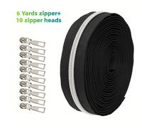 TEMU Cremallera N.º 5, cremallera de 6 yardas tiradores metálicos para manualidades en bolsos, ropa e tiendas de campaña. Cremalleras negras con blancas que incluyen tiradores plateados
