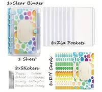 TEMU Cuaderno A6 con 6 Anillas Recargable de PVC Transparente para Presupuesto con 8 Bolsillos con Cierre y 8 Pegatinas de Asignaturas para la Gestión de Presupuestos o Organización de Dinero