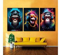 TEMU Cuadros decorativos planos 2D, Nuevos cuadros decorativos de coloridos con un mono riendo con múltiples , Juego de 3 en animal sin