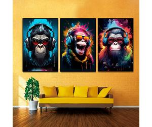 TEMU Cuadros decorativos planos 2D, Nuevos cuadros decorativos de coloridos con un mono riendo con múltiples , Juego de 3 en animal sin