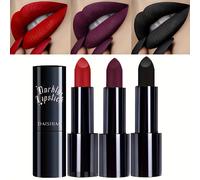 TEMU Darkly: Set de 3pcs de Labiales Mate, Impermeables, de Larga Duración, Look de Halloween - Uso Adulto - Todo Tipo de Piel - Acabado Mate - Negro, , , Regalo para Mujeres