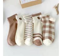 TEMU de calcetines de oso lindo para mujer - Calcetines cortos suaves con de animal en beige, marrón y rayas blancas, ideales para ropa casual, calcetines