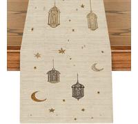 TEMU de mesa de 1 pieza, impresión 2D, no es bordado real, estilo de , base de rayas beige con faroles árabes dorados y negros y simétrico en capas de y luna , tema , estilo romántico , festival