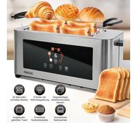TEMU de pan 1400W, de acero inoxidable, pantalla táctil LCD, 2 ranuras de anchas, de 4 rebanadas, 7 niveles de dorado, con calentador de bollos, bandeja de extraíble