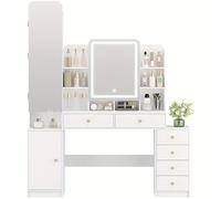 TEMU de tocador con iluminación, tocador con espejo y compartimentos para joyas, 8 estantes abiertos, 6 cajones y 1 compartimento de almacenamiento, , armarios de joyas