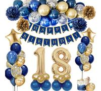 TEMU Decoraciones para celebraciones de 18 años para géneros, incluyendo globos de aluminio de 32 pulgadas, azules, dorados y blancos, un letrero de ' ', y para . Decoraciones de Halloween, Navidad.