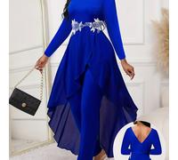 TEMU {Desarrollo Dirigido} Diseño Moderno Azul Encaje Costuras Ropa de Mujer de Dos Piezas, Ajuste Entallado de Moda Elegante Mono Falda, Citas Falda Mono Pantalones para Damas