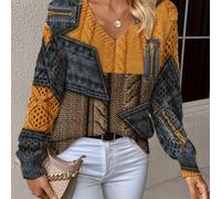 TEMU Diseño Estampado - Sin . Elegante para Otoño e Invierno, y Verano, para Todas , Estilo Bohemio, Jersey de Moda con Cuello en V, Largas, Floral, Estampado Digital Completo, Suéter de Mujer de Moda