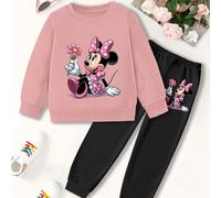 TEMU Disney, Conjunto de 2 Piezas, Sudadera con Cuello y Pantalones Jogger Estampado de Minnie Mouse, Ropa Deportiva Casual para Niñas, Ideal para /Otoño, Moda al