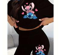 TEMU Disney Juego de 2 Piezas, Camiseta + Shorts, Estampado de Stitch Moderno, Conjunto Casual de Manga Corta y Shorts, , Ideal para Exteriores