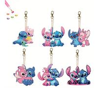 TEMU Disney Kit de llaveros de pintura de diamantes de cara de 6 piezas de Stitch y , colgante decorativo acrílico, regalo a único, ideal para la decoración del hogar y , set de regalo de artesanía a